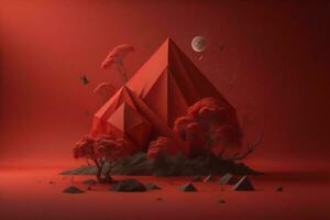 AI generated red polygonal landscape with trees and mountains. generative ai photo