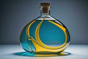 AI generated a bottle with a blue and yellow liquid inside. generative ai photo