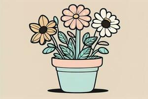 AI generated Illustration of a flowerpot with pink and blue flowers on a gray background. ai generative photo