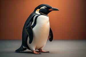 ai generado linda pingüino en pie en frente de sólido color antecedentes. ai generativo foto