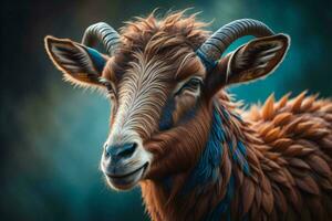 AI generated Portrait of a goat with horns on the background of nature. generative ai photo