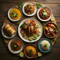AI generated Indian food includes chicken tikka masala, chicken biryani, chapati, rice, paneer, chutney, onion, lemongrass, coriander, dahi vada, generative ai photo