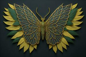 AI generated a butterfly made of yellow and green leaves on a black background. generative ai photo