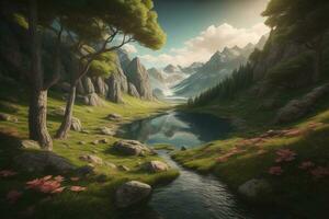 AI generated Beautiful fantasy landscape with a river in the mountains. ai generative photo