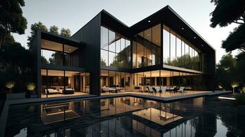 AI generated modern cozy house with pool and parking for sale or rent in luxurious style. Black and white colors. generative ai photo