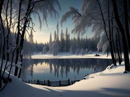 AI generated Beautiful winter landscape with snow covered trees and lake in the forest. generative ai photo