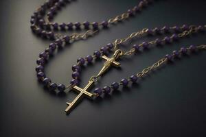 AI generated A rosary with a cross on a black background. Religion. generative ai photo