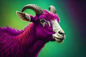 AI generated Portrait of a goat with horns on a green background. Close-up. ai generated photo