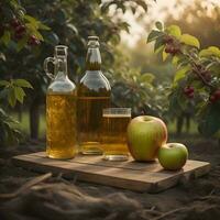 AI generated Apple cider vinegar in glass bottle and apples on wooden table in garden. generative ai photo