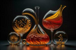 AI generated Colorful decanters on black background. generative ai photo
