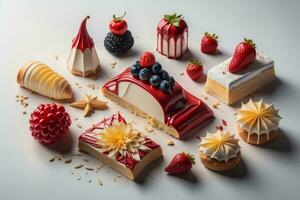 AI generated Set of different cakes on a white background. Dessert with berries. generative ai photo