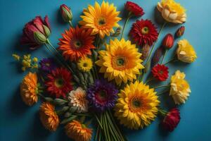 AI generated Bouquet of colorful gerbera flowers on a blue background. generative ai photo