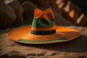 ai generado de moda sombrero en un sólido color antecedentes. ai generativo foto