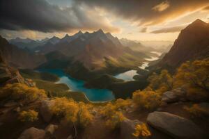AI generated Beautiful mountain lake in the mountains at sunset, generative ai photo
