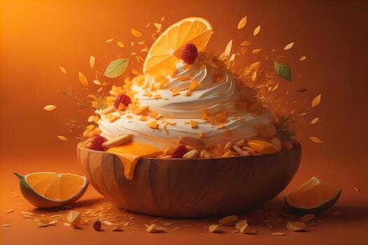 AI generated Orange cake with whipped cream and fruits on orange background. generative ai photo