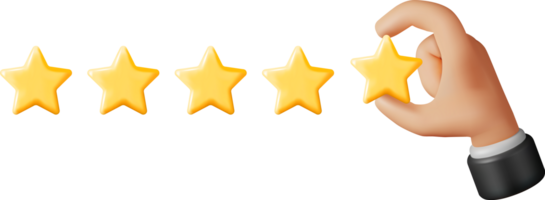 3D Glossy Yellow Five Stars Rating with Hand png