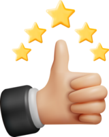 3D Thumb Up Pointing at Five Gold Star Rating png