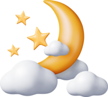 3D Gold Crescent Moon with Stars in Clouds png