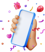 3d fête confettis sur mobile téléphone dans main png