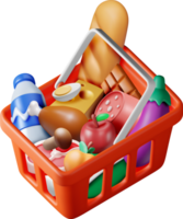 3D Shopping Plastic Basket with Fresh Products png