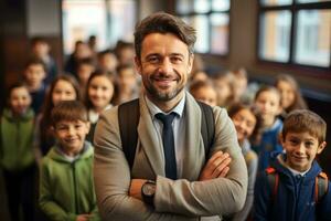 ai generado confidente profesor líder un grupo de alumnos en el salón de clases creado con generativo ai tecnología foto