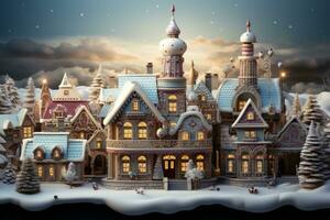 AI generated Majestic Pink Castle Surrounded by Towers and Lush Trees Created With Generative AI Technology photo