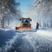 AI generated Snow Plow Clearing Snow on a Winter Road Created With Generative AI Technology photo