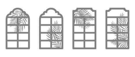 Gray silhouette of an islamic window with palm leaves. Window frame in flat minimal style. Isolated shadow from window and leaves. Vector illustration.