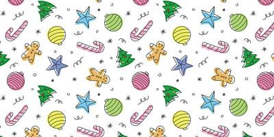 Festive winter doodle seamless pattern with Christmas tree, gingerbread man, balls, candy cane. Vector illustration of Christmas new year festive background for gift paper, labels, wallpaper, wrapping