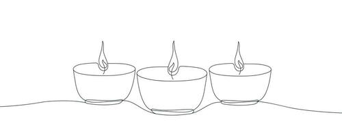 Three candles contour drawing banner. Vector continuous one line drawing oil lamps for diwali festival in silhouette isolated on a white background. Diwali outline illustration