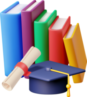 3D Graduation Cap with Diploma and Pile of Books png