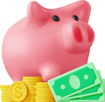 3D Piggy Bank with Coins and Banknotes png