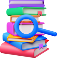 3D Stack of Closed Books with Magnifying Glass png