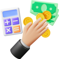 3d mano con calculadora y efectivo dinero png