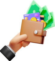 3D Money and Leather Wallet in Hand png