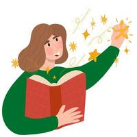 niña leyendo un libro desde cuales estrellas y magia ven afuera. niña captura el libro.estrella festival concepto.leer libros amante. vector