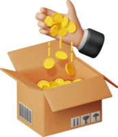 3D Cardboard Box with Gold Coins Inside Hand png