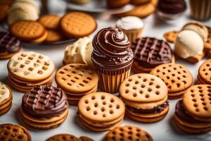 ai generado un variedad de galletas y galletas en un mesa foto