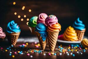 AI generated colorful ice cream cones on a table photo