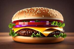 AI generated a hamburger with cheese, lettuce and tomatoes photo