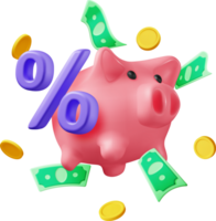 3D Piggy Bank with Coins and Percent png