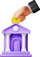 3D Bank Building and Hand with Coin png