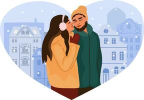 hermosa romántico Pareja abrazando en corazón conformado antecedentes. hombre y mujer en invierno ropa. Navidad hora romántico actividades. vector