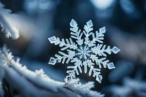 ai generado un copo de nieve es mostrado en el medio de un bosque foto