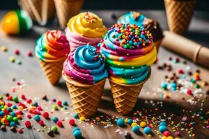 AI generated colorful ice cream cones with sprinkles on a table photo