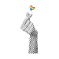 Halftone effect, korean symbol hand with rainbow heart. Message of love hand gesture. Pride month. Lgbt concept vector