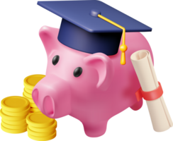 3D Piggy Bank with Graduation Cap, Diploma, Coins png
