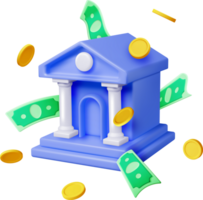 3D Bank Building and Cash Money png