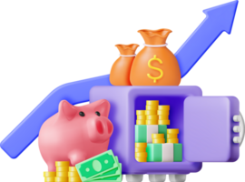 3d Safe Box Full of Money and Piggy Bank png