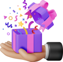 3D Open Gift Box With Falling Confetti in Hand png